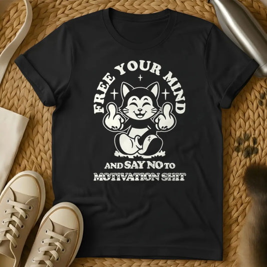 Black - Distressed beige graphic of a smiling, meditating cartoon cat-like creature flipping off the viewer with both middle fingers, surrounded by the arched text "FREE YOUR MIND" above and "AND SAY NO TO MOTIVATION SHIT" below.