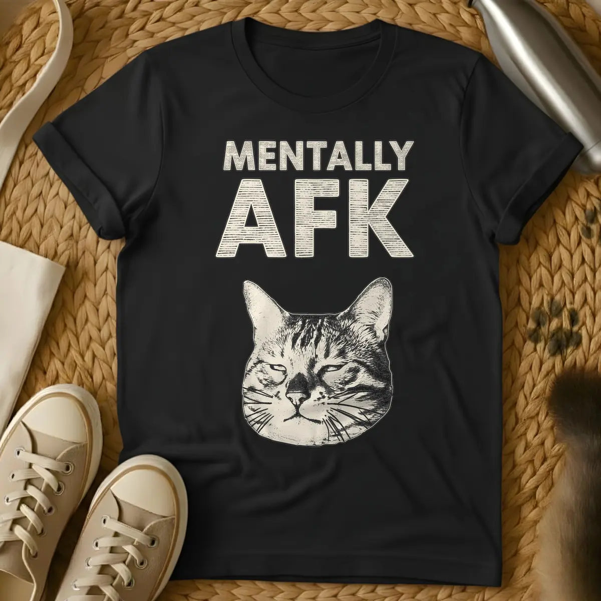 Black - T-shirt with distressed light beige text 'MENTALLY AFK' above a matching light beige, sleepy cat's head illustration.