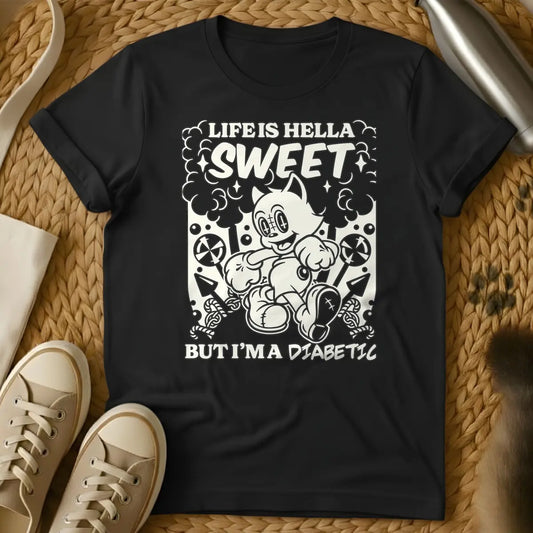 Black - Monochrome t-shirt design featuring a cheerful, running vintage cartoon cat amidst clouds, stars, lollipops, and candy canes. Above the cat, the text reads 'LIFE IS HELLA SWEET' in a bold, curvy font, with 'SWEET' being prominent. Below the cat, 'BUT I'M A DIABETIC' is written in a contrasting, handwritten style.