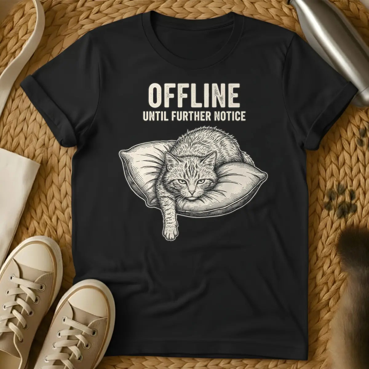 Black - A distressed text design that reads "OFFLINE UNTIL FURTHER NOTICE" above an illustration of a lounging cat on a pillow, rendered in an engraving style.