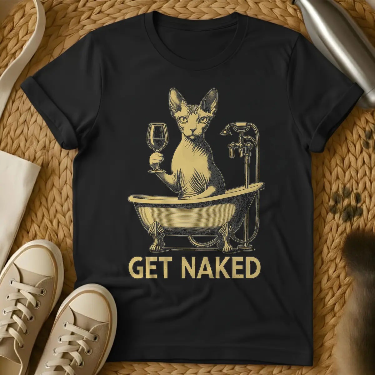 Black - Distressed gold t-shirt design featuring a Sphynx cat in a clawfoot tub holding a wine glass, with the text 'GET NAKED'.
