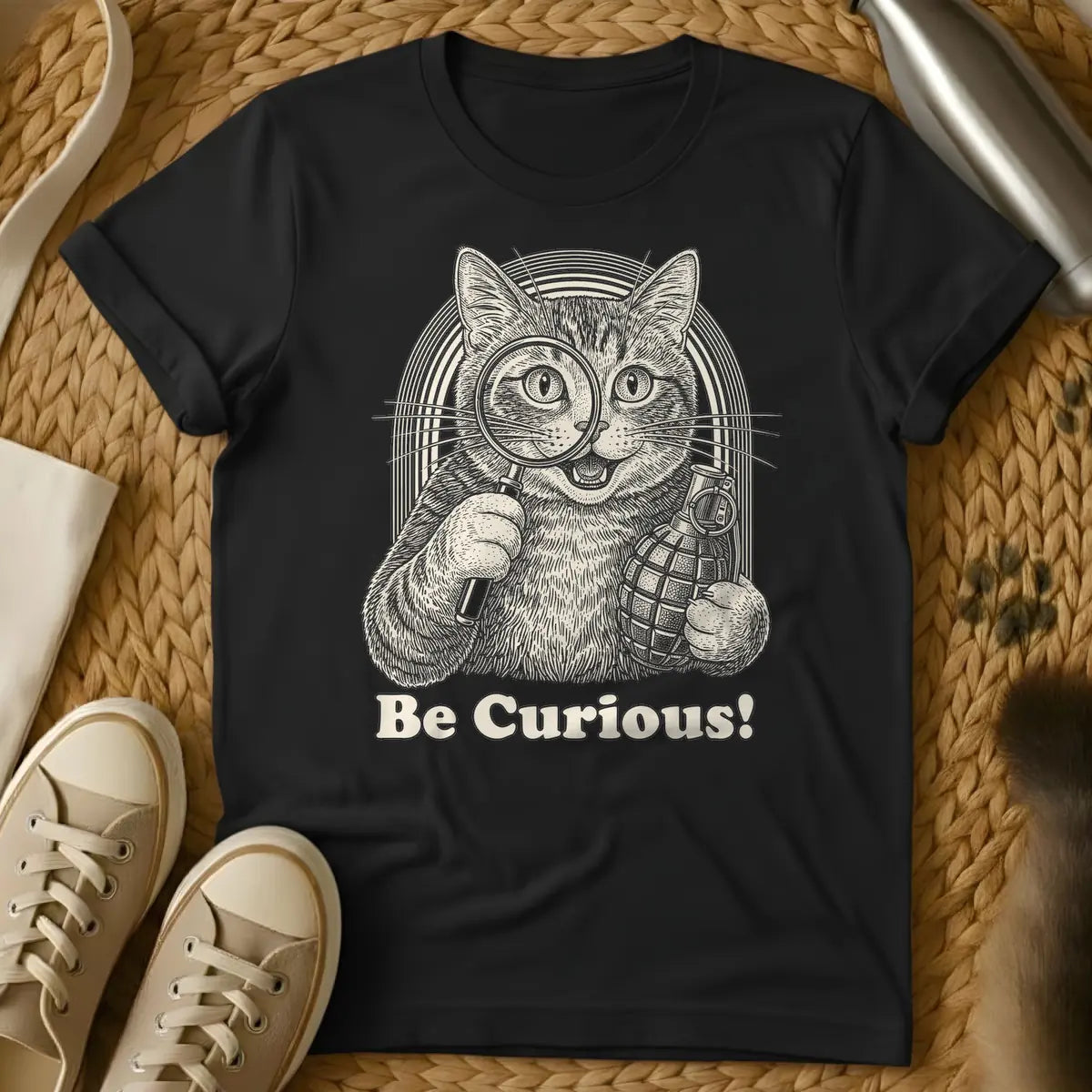 Black - Woodcut style illustration of a mischievous tan cat holding a magnifying glass to its left eye and a pineapple hand grenade in its right paw, with an arched striped background. Below the cat, the text reads "Be Curious!".