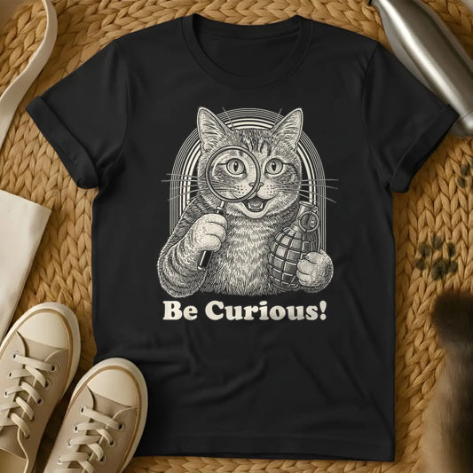 Black - Woodcut style illustration of a mischievous tan cat holding a magnifying glass to its left eye and a pineapple hand grenade in its right paw, with an arched striped background. Below the cat, the text reads "Be Curious!".