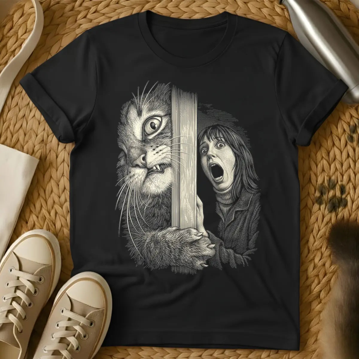 Black - Woodcut-style illustration of a giant, menacing cat with bared teeth peering through vertical slats at a screaming woman with wide eyes.