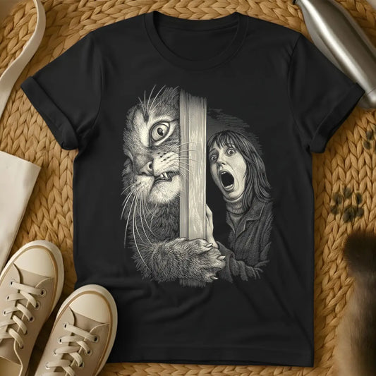 Black - Woodcut-style illustration of a giant, menacing cat with bared teeth peering through vertical slats at a screaming woman with wide eyes.
