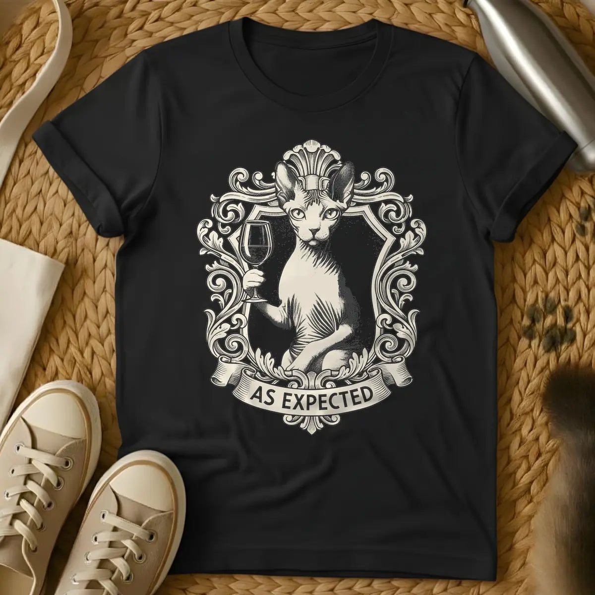 Black - Light beige illustration of a Sphynx cat holding a wine glass, set within an ornate vintage frame, with a banner below reading "AS EXPECTED".
