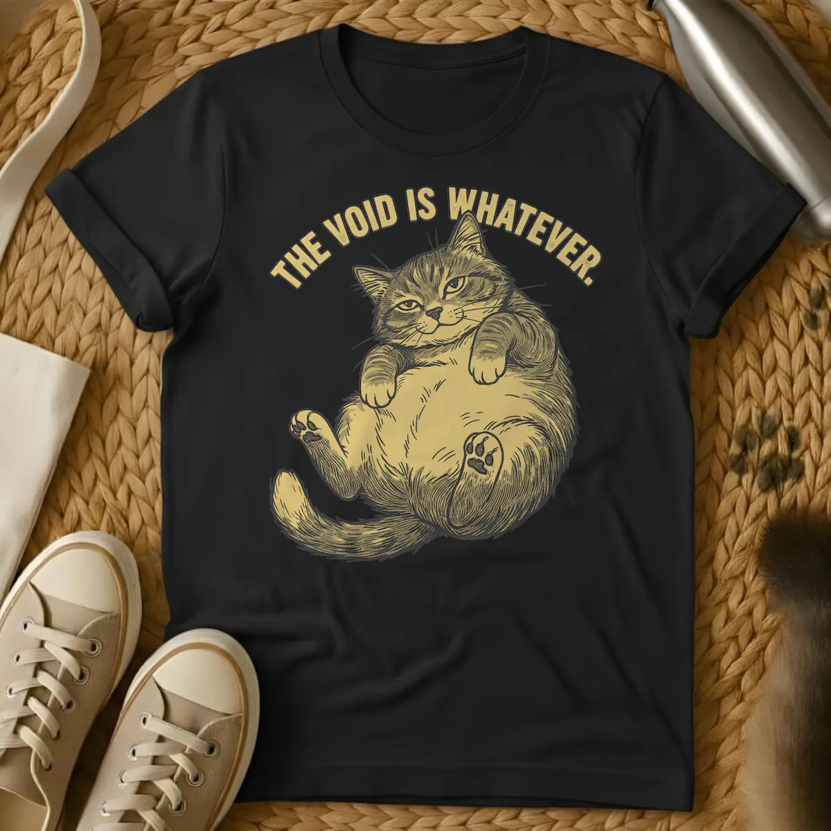 Black - Distressed, gold-colored, linocut-style illustration of a cat lying on its back with its belly and one paw pad exposed, giving an indifferent look. Above, arched text reads 'THE VOID IS WHATEVER.'