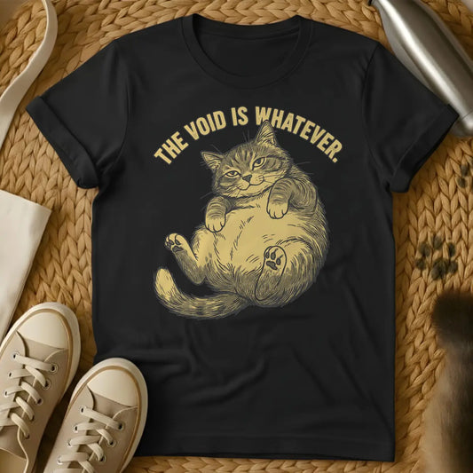 Black - Distressed, gold-colored, linocut-style illustration of a cat lying on its back with its belly and one paw pad exposed, giving an indifferent look. Above, arched text reads 'THE VOID IS WHATEVER.'