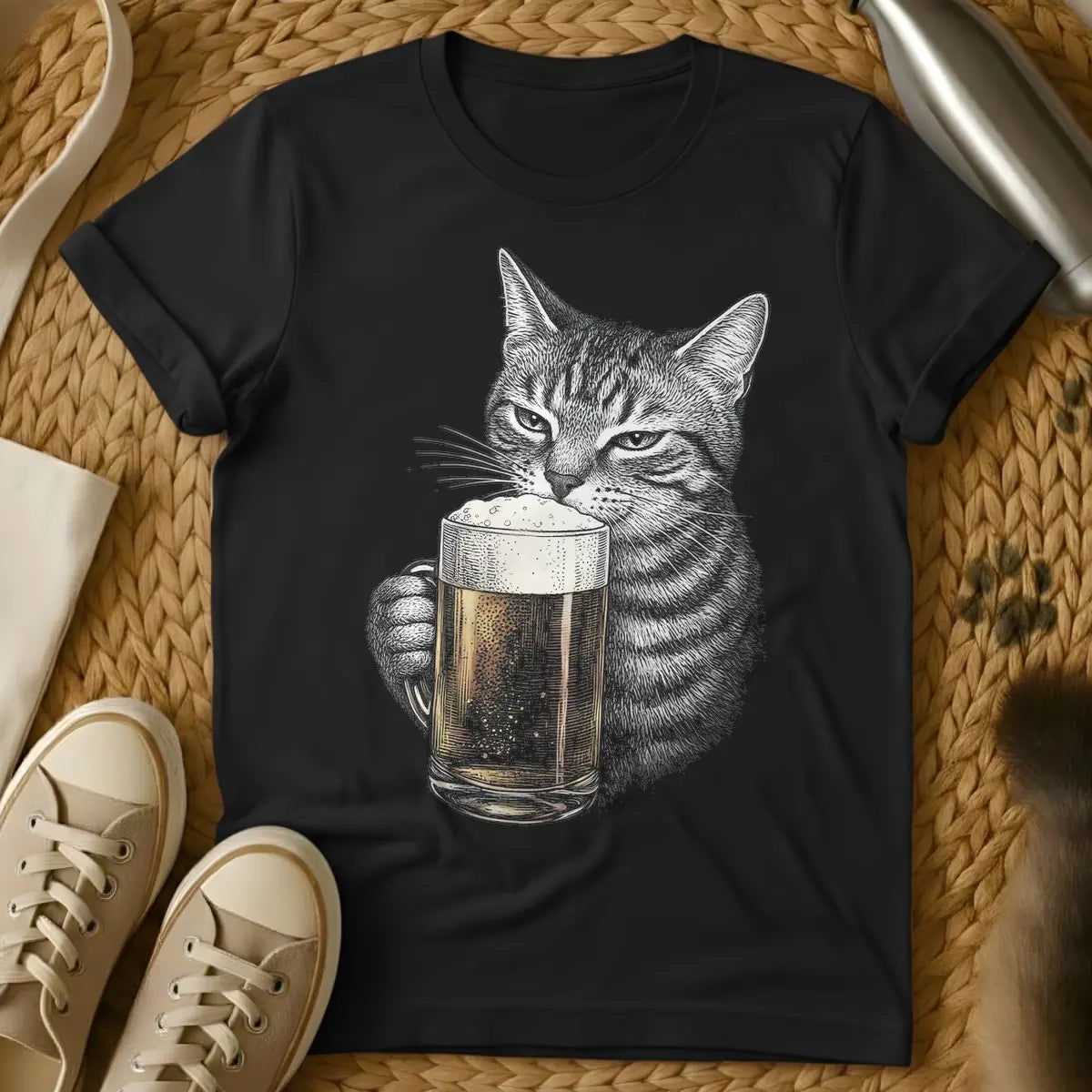 Black - Grayscale line art of a cat holding a frothy glass mug of golden beer.