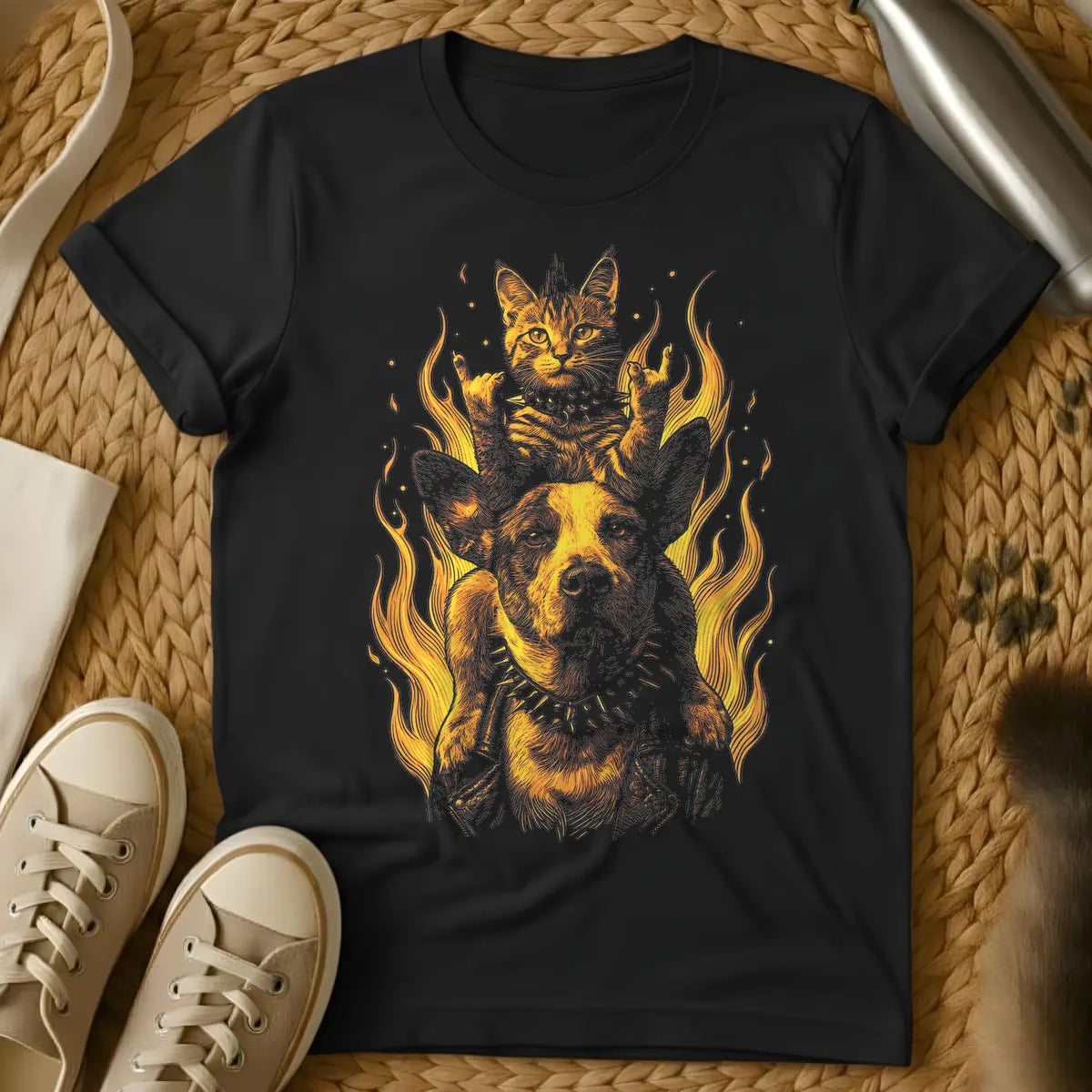 Black - Orange and white illustration of a cat making the devil horns hand gesture and wearing a studded collar, standing on a dog in a studded collar and leather jacket, surrounded by stylized flames.