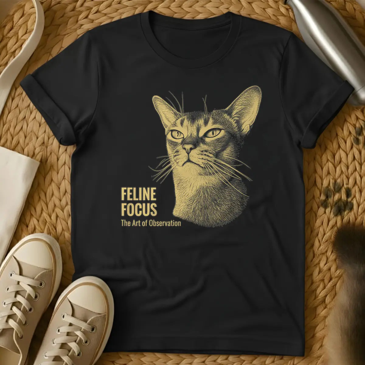 Black - Golden stipple art illustration of a cat's focused face with whiskers and the text 'FELINE FOCUS The Art of Observation' on a t-shirt.