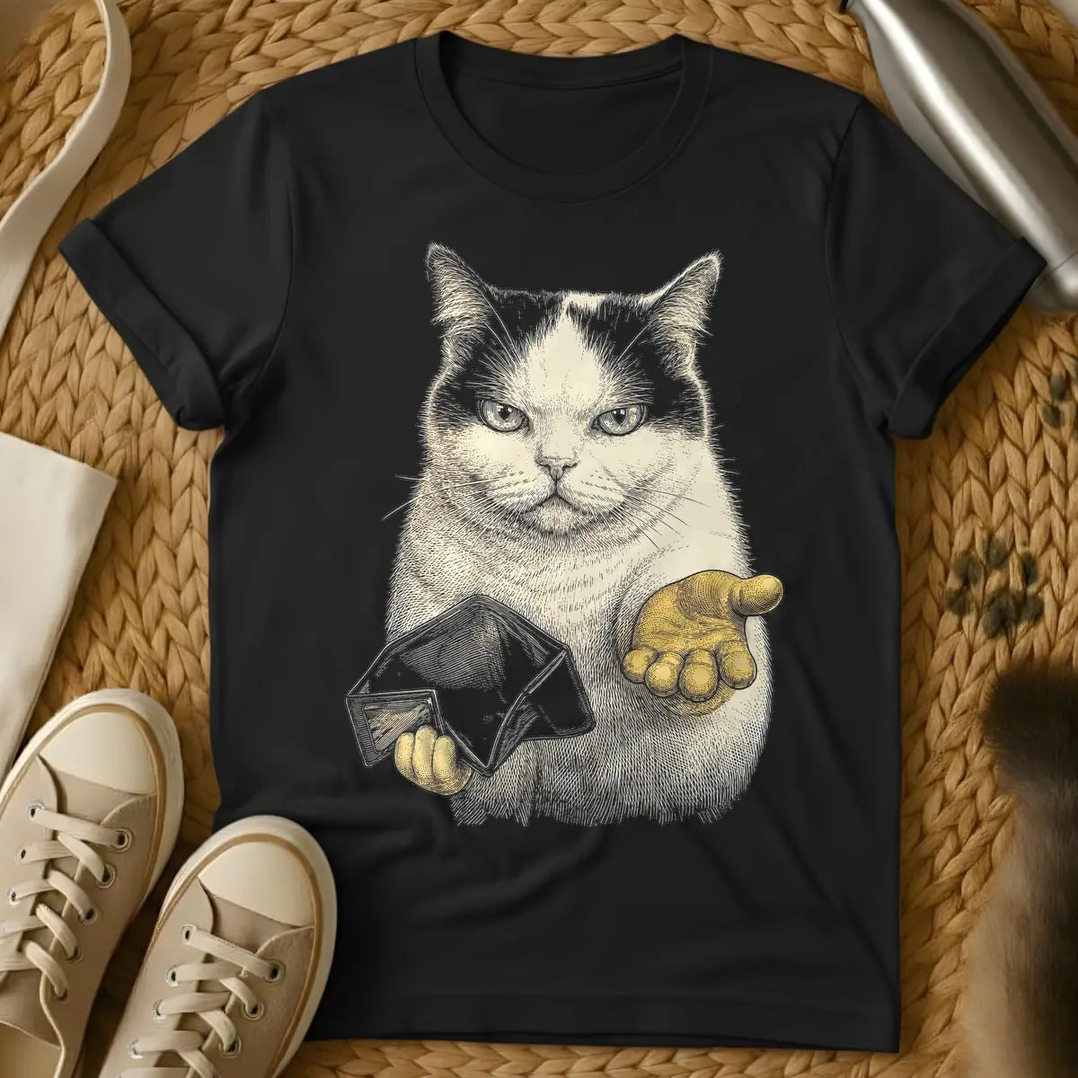 Black - Engraving style illustration of a serious tan cat holding an open envelope in one golden paw and extending the other golden paw palm up.