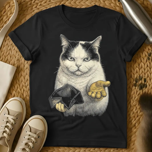 Black - Engraving style illustration of a serious tan cat holding an open envelope in one golden paw and extending the other golden paw palm up.