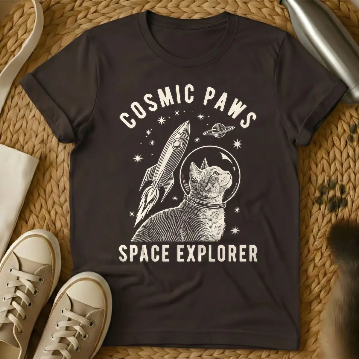 Dark Chocolate - Beige woodcut-style illustration of a cat wearing a space helmet looking up, with a rocket launching beside it, a ringed planet, and stars in the background. Arched text at the top reads "COSMIC PAWS" and text at the bottom reads "SPACE EXPLORER".