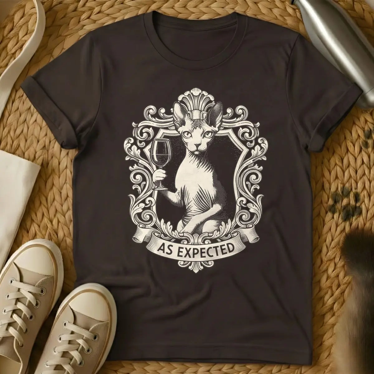 Dark Chocolate - Light beige illustration of a Sphynx cat holding a wine glass, set within an ornate vintage frame, with a banner below reading "AS EXPECTED".
