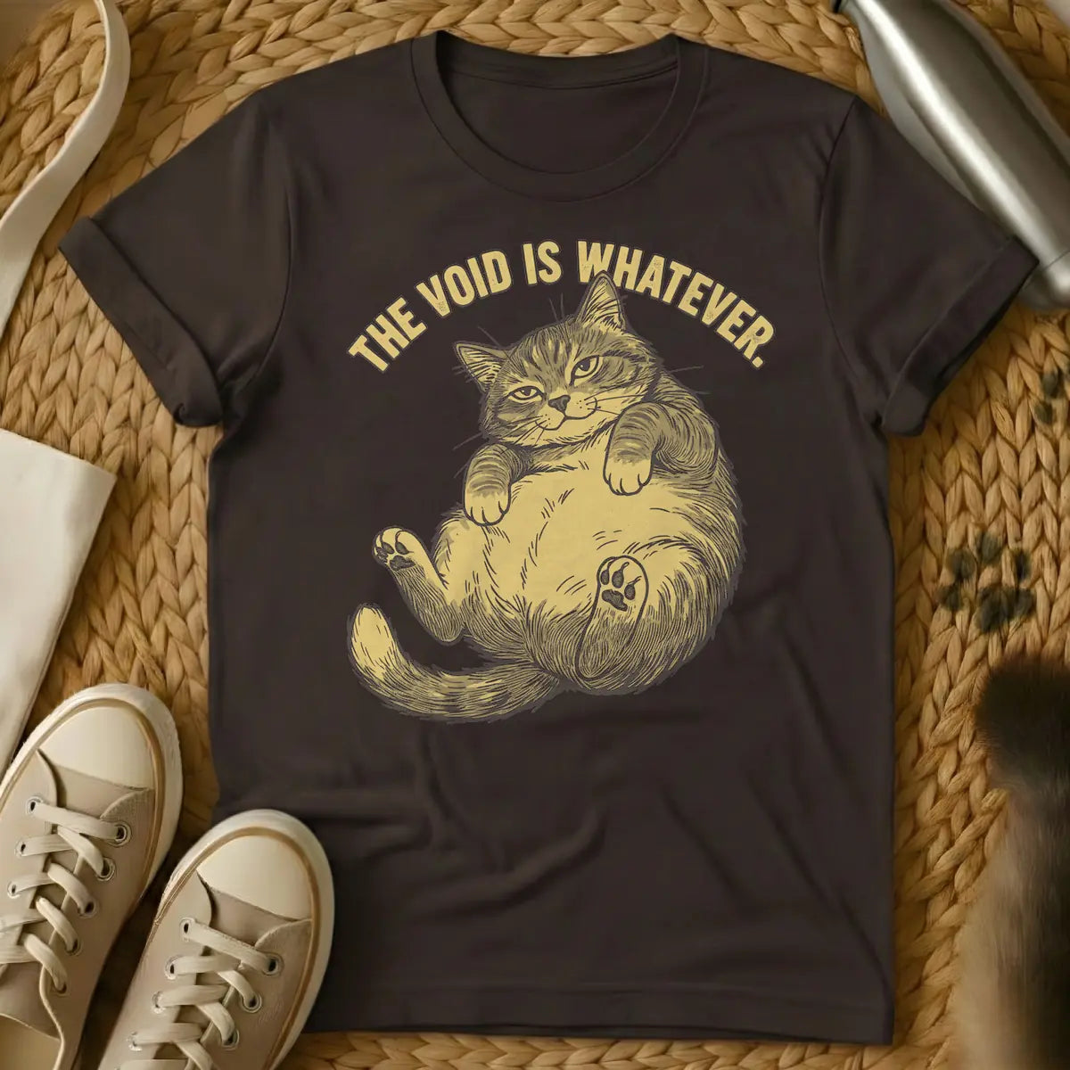 Dark Chocolate - Distressed, gold-colored, linocut-style illustration of a cat lying on its back with its belly and one paw pad exposed, giving an indifferent look. Above, arched text reads 'THE VOID IS WHATEVER.'