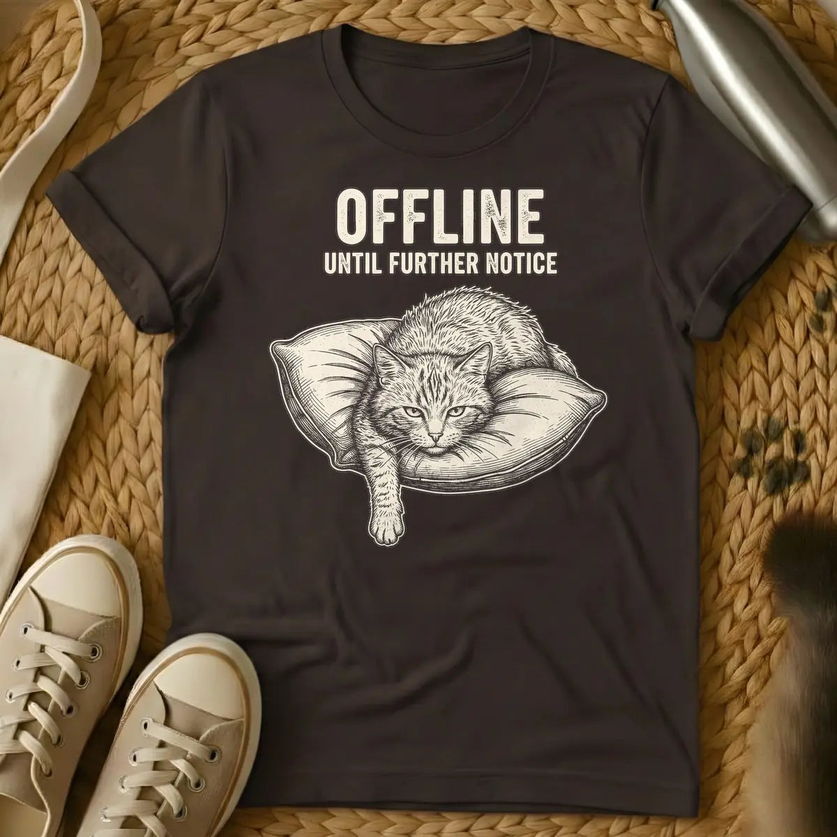 Dark Chocolate - A distressed text design that reads "OFFLINE UNTIL FURTHER NOTICE" above an illustration of a lounging cat on a pillow, rendered in an engraving style.