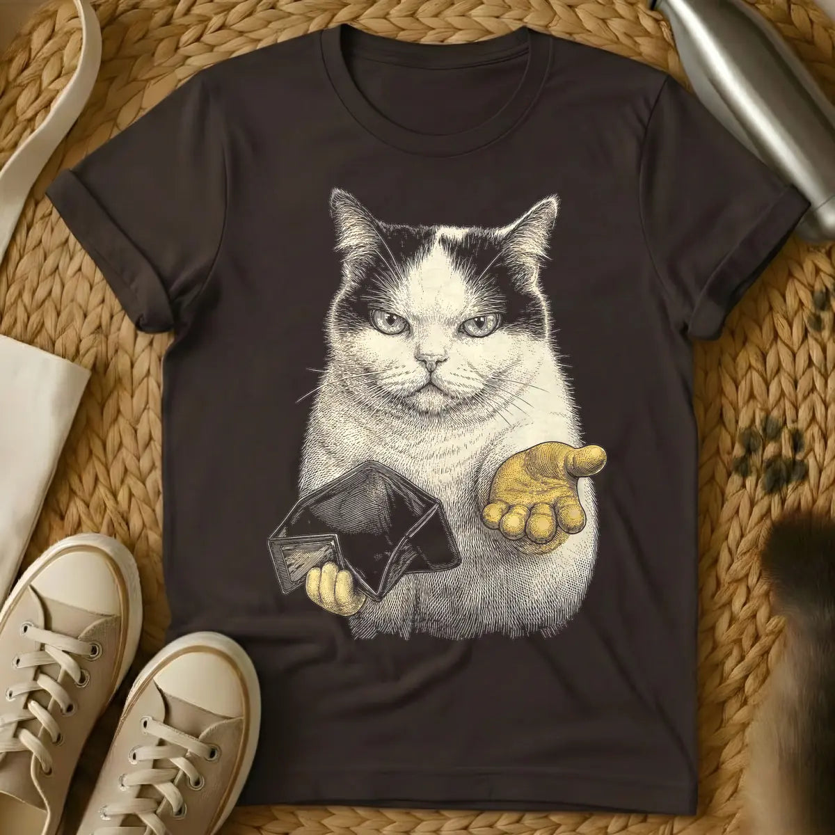 Dark Chocolate - Engraving style illustration of a serious tan cat holding an open envelope in one golden paw and extending the other golden paw palm up.