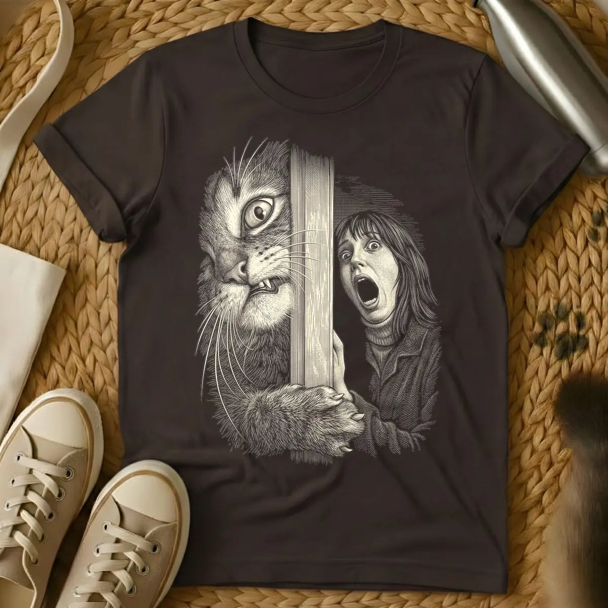 Dark Chocolate - Woodcut-style illustration of a giant, menacing cat with bared teeth peering through vertical slats at a screaming woman with wide eyes.