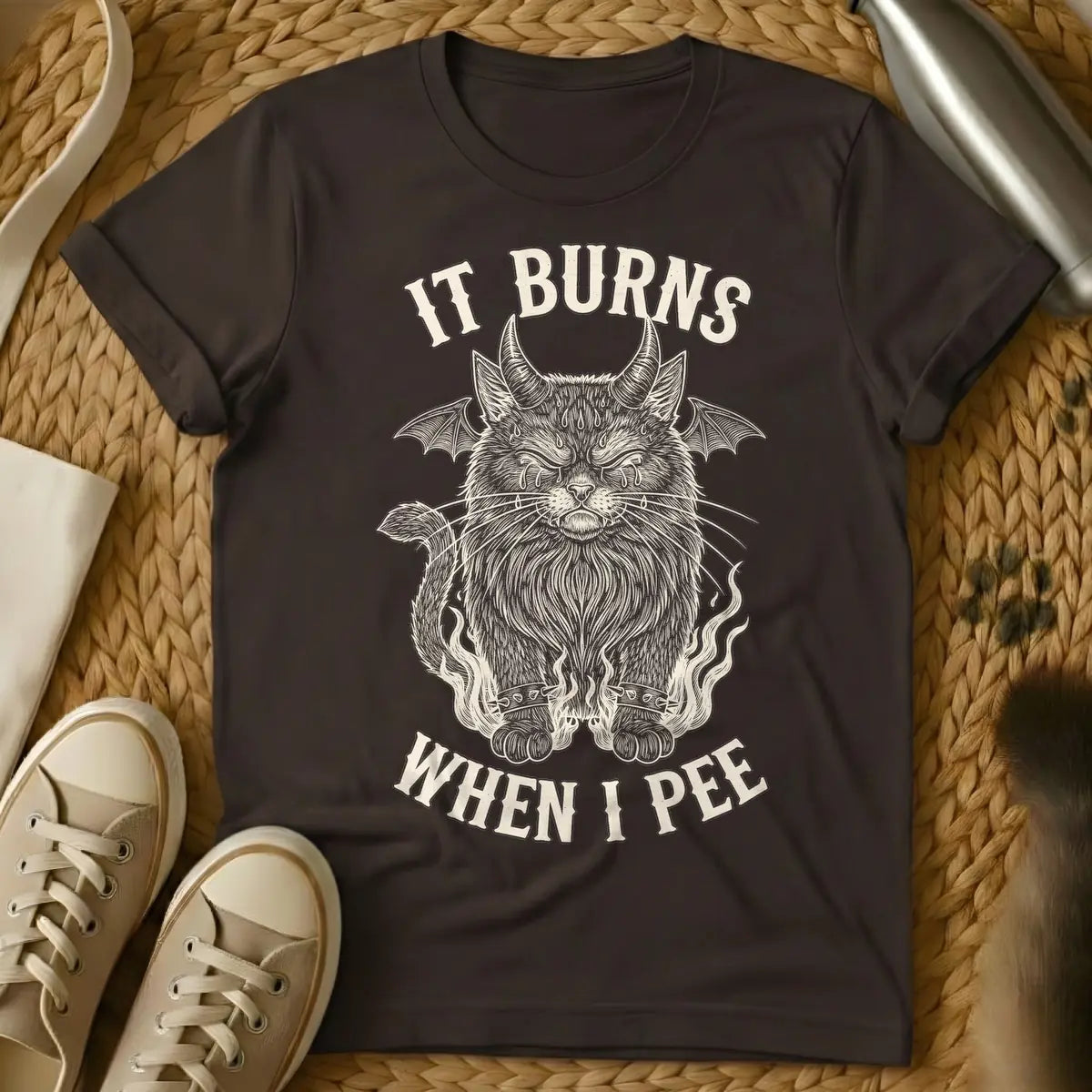 Dark Chocolate - A distressed illustration of a devil cat with horns, bat wings, tears, spiked bracelets, and flames, with the text "IT BURNS WHEN I PEE".