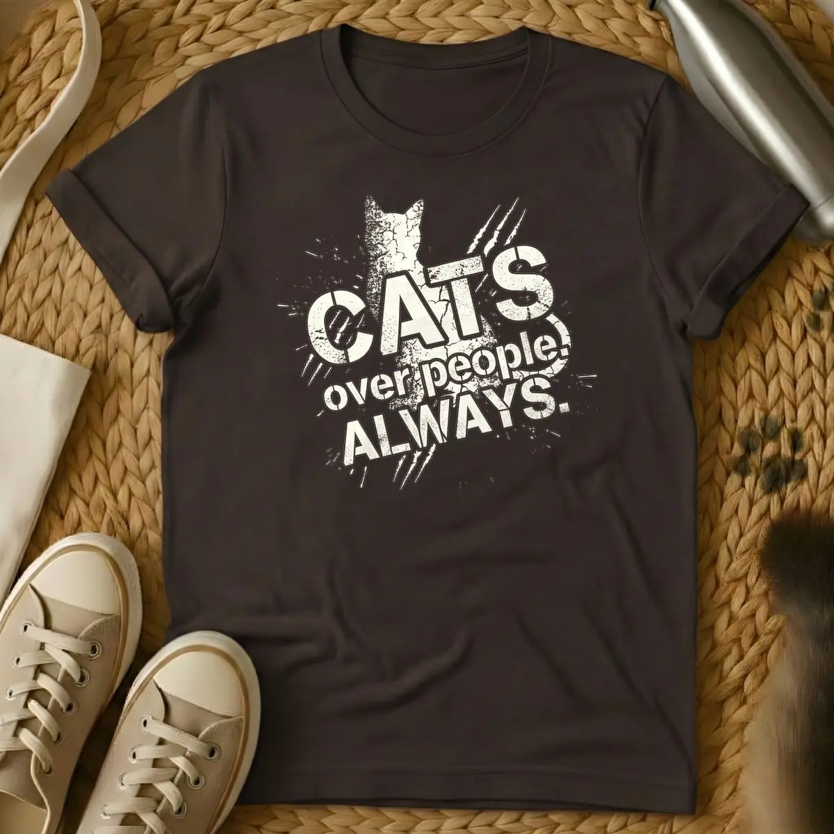Dark Chocolate - Distressed black text "CATS over people! ALWAYS." with a cat silhouette and scratch marks on a white background.