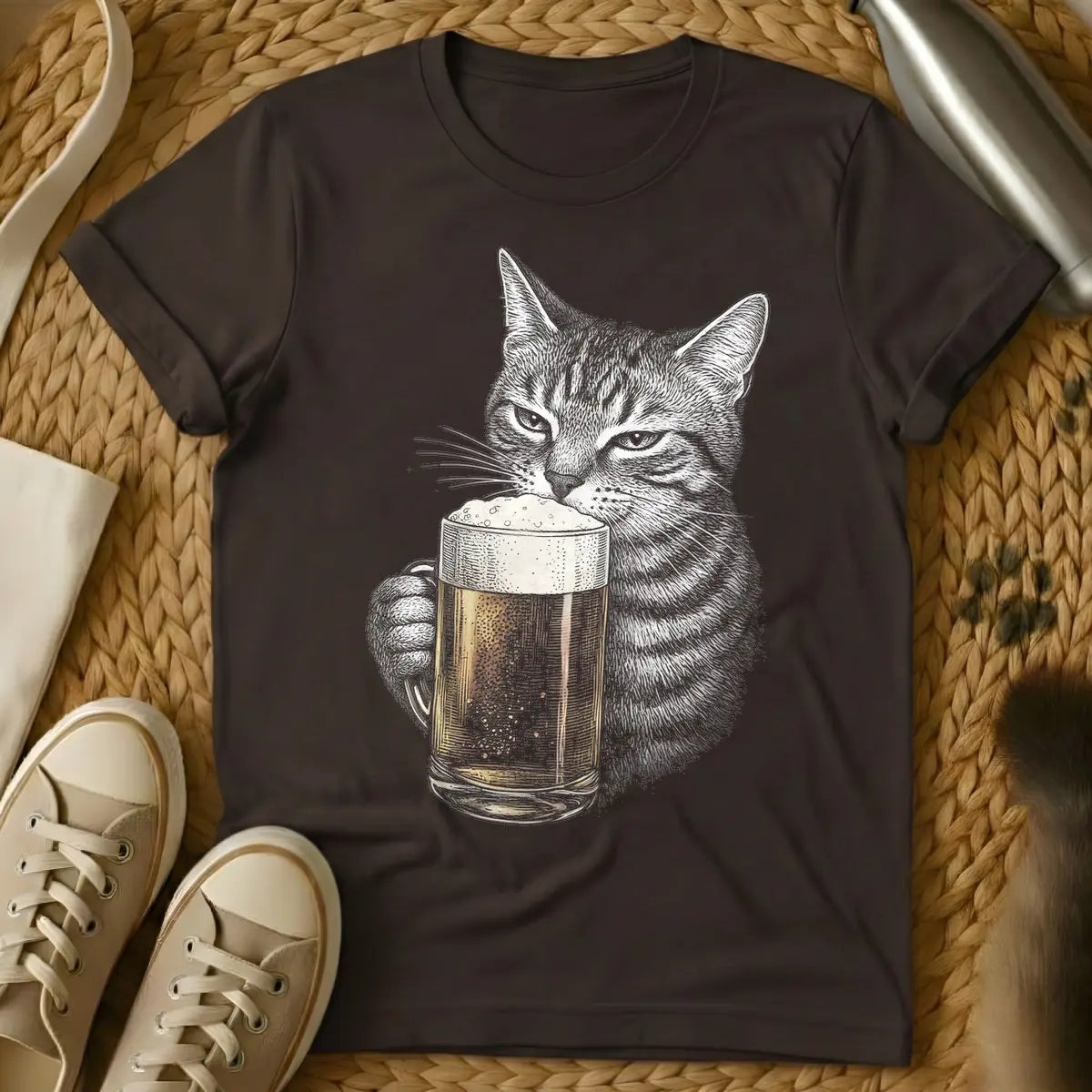 Dark Chocolate - Grayscale line art of a cat holding a frothy glass mug of golden beer.