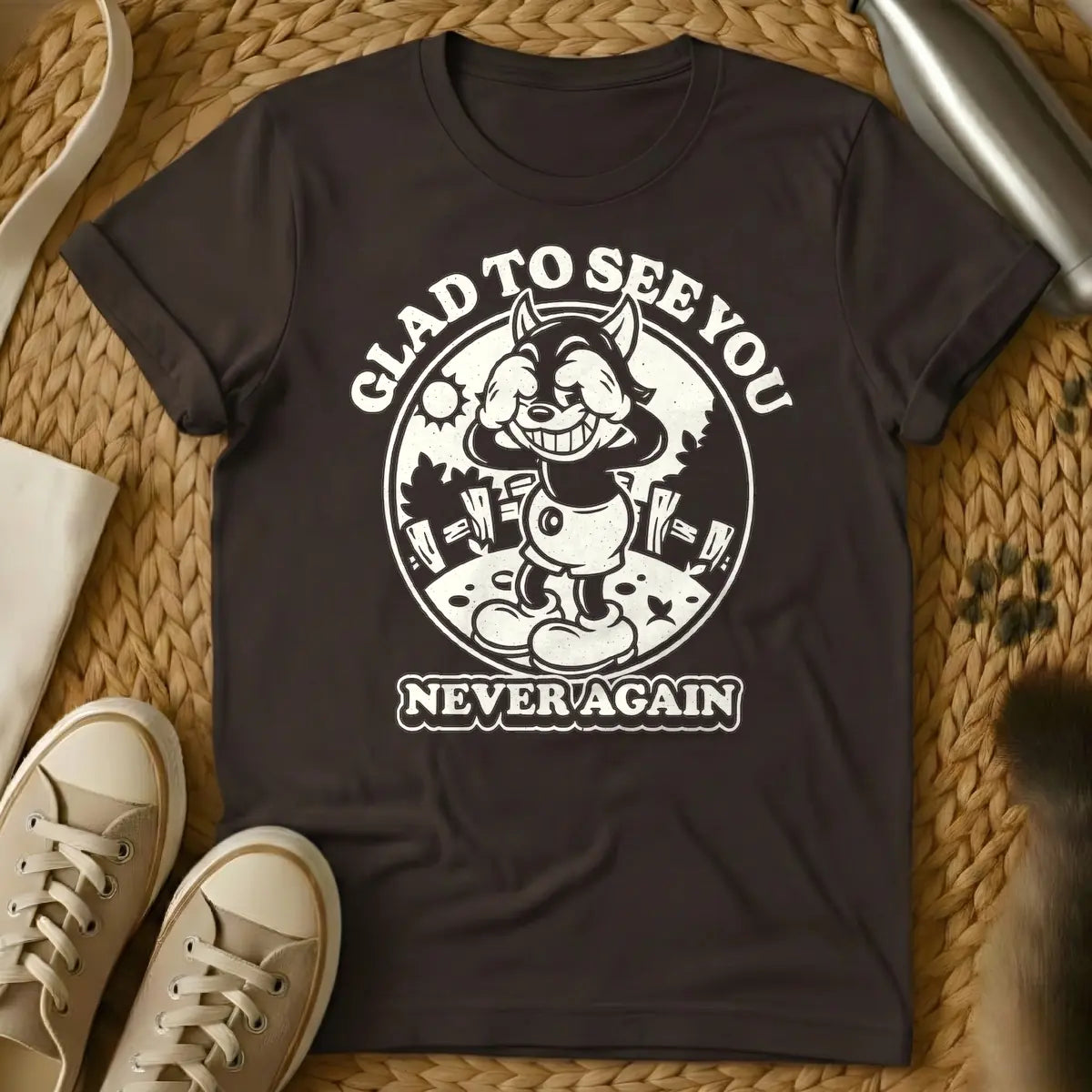 Dark Chocolate - Vintage style cartoon wolf character covering its eyes with its hands and grinning widely, in a circular frame with a sun and fence in the background. Arched text above the circle reads "GLAD TO SEE YOU", and text below the circle reads "NEVER AGAIN".