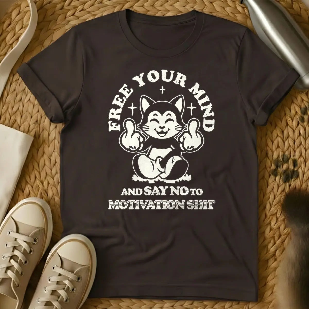 Dark Chocolate - Distressed beige graphic of a smiling, meditating cartoon cat-like creature flipping off the viewer with both middle fingers, surrounded by the arched text "FREE YOUR MIND" above and "AND SAY NO TO MOTIVATION SHIT" below.