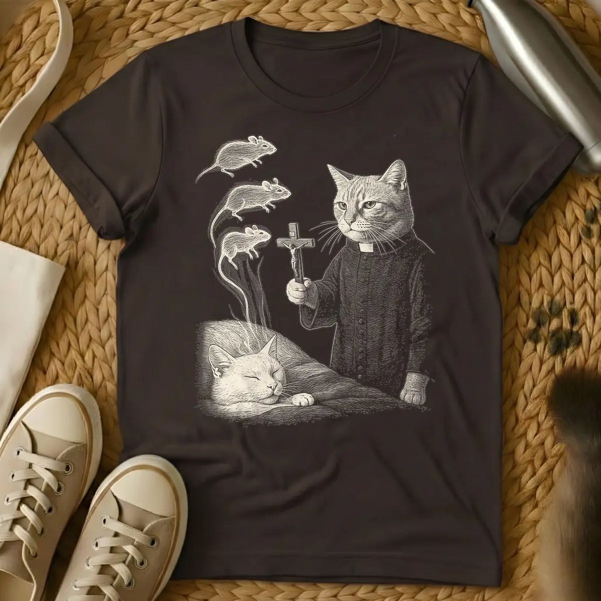 Dark Chocolate - Vintage engraving style illustration in light beige, featuring a cat dressed as a priest holding a crucifix, watching three ghostly mice ascend towards the sky, while a second cat sleeps below.