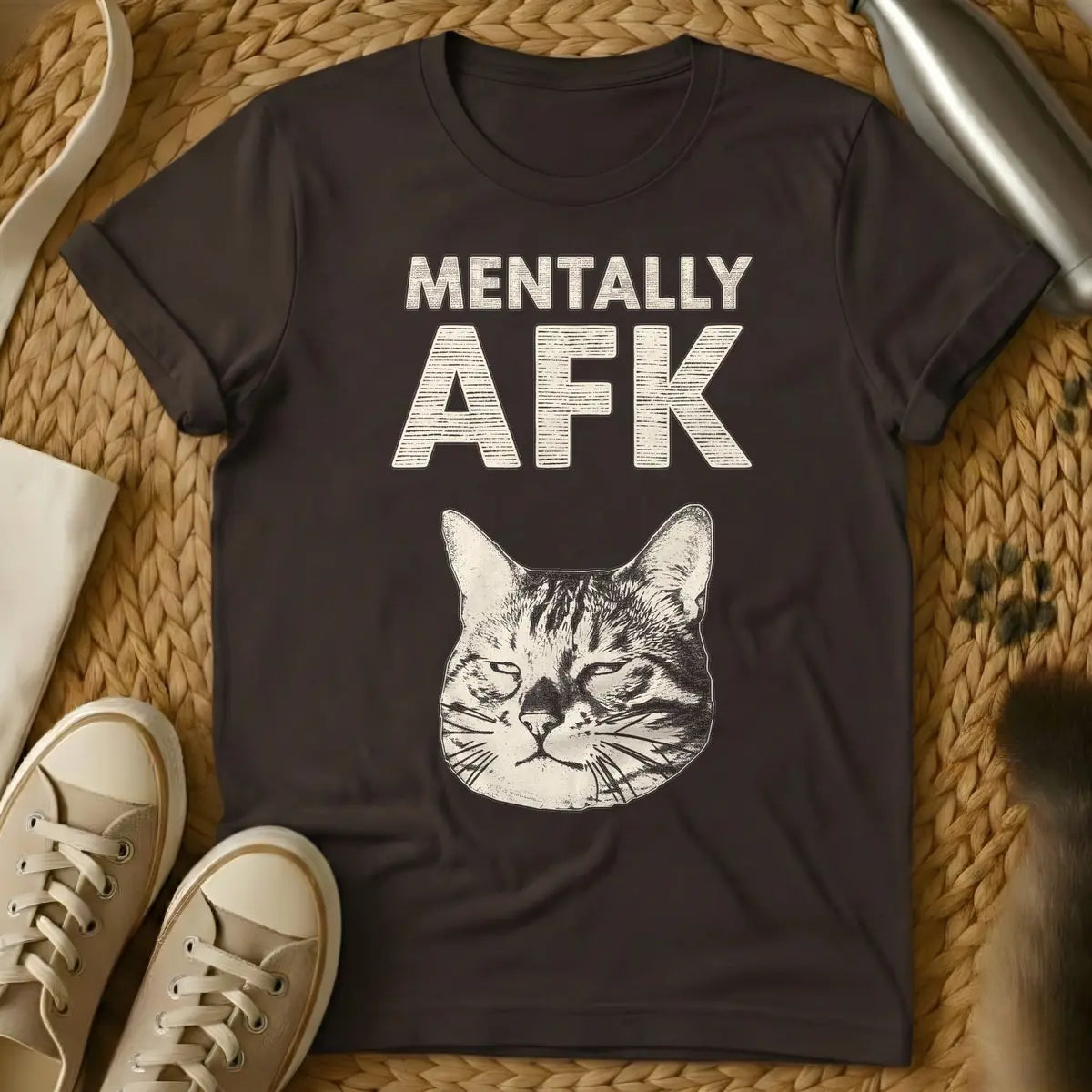 Dark Chocolate - T-shirt with distressed light beige text 'MENTALLY AFK' above a matching light beige, sleepy cat's head illustration.