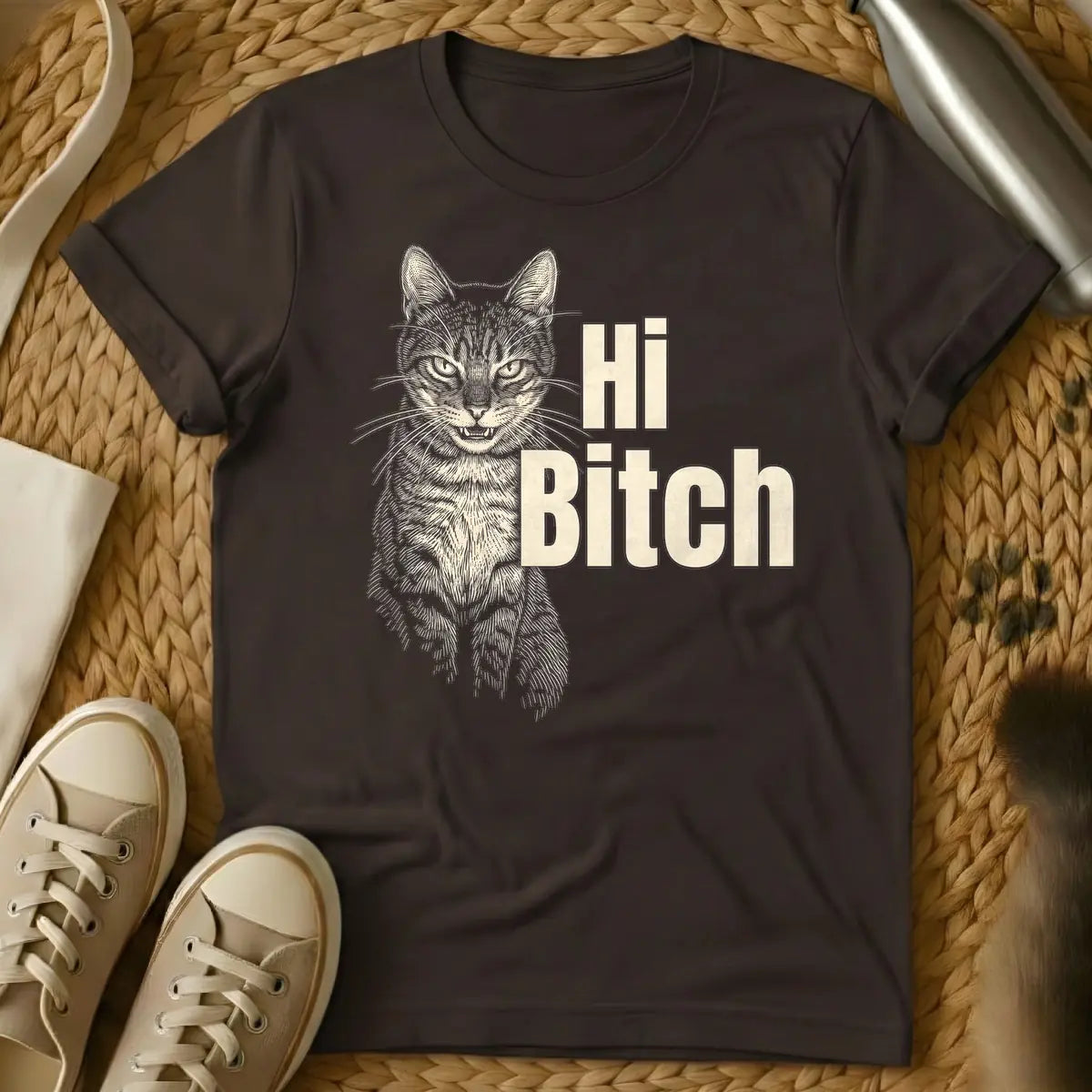 Dark Chocolate - T-shirt design: Engraved style tan cat with bared teeth on the left, next to bold tan text "Hi Bitch".