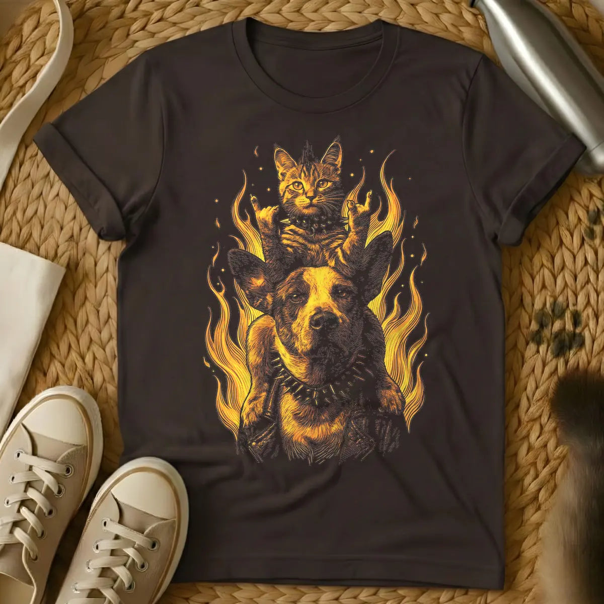 Dark Chocolate - Orange and white illustration of a cat making the devil horns hand gesture and wearing a studded collar, standing on a dog in a studded collar and leather jacket, surrounded by stylized flames.