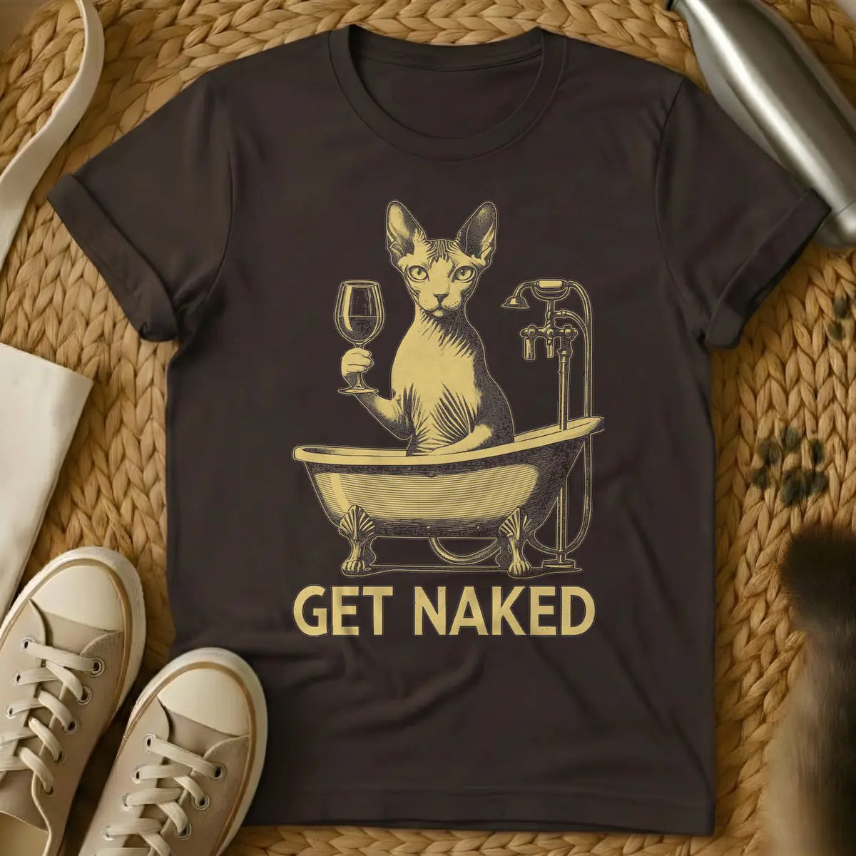 Dark Chocolate - Distressed gold t-shirt design featuring a Sphynx cat in a clawfoot tub holding a wine glass, with the text 'GET NAKED'.