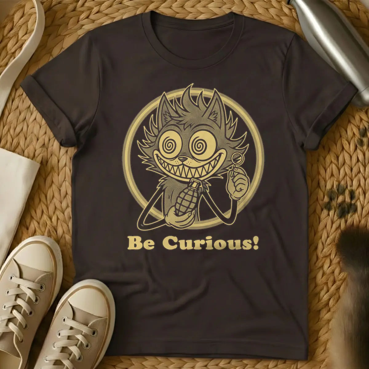 Dark Chocolate - Gold-toned graphic of a grinning, spiky-haired cat creature with spiral eyes, holding a lollipop and a pineapple grenade, contained within a circle. Below, the text reads 'Be Curious!'.