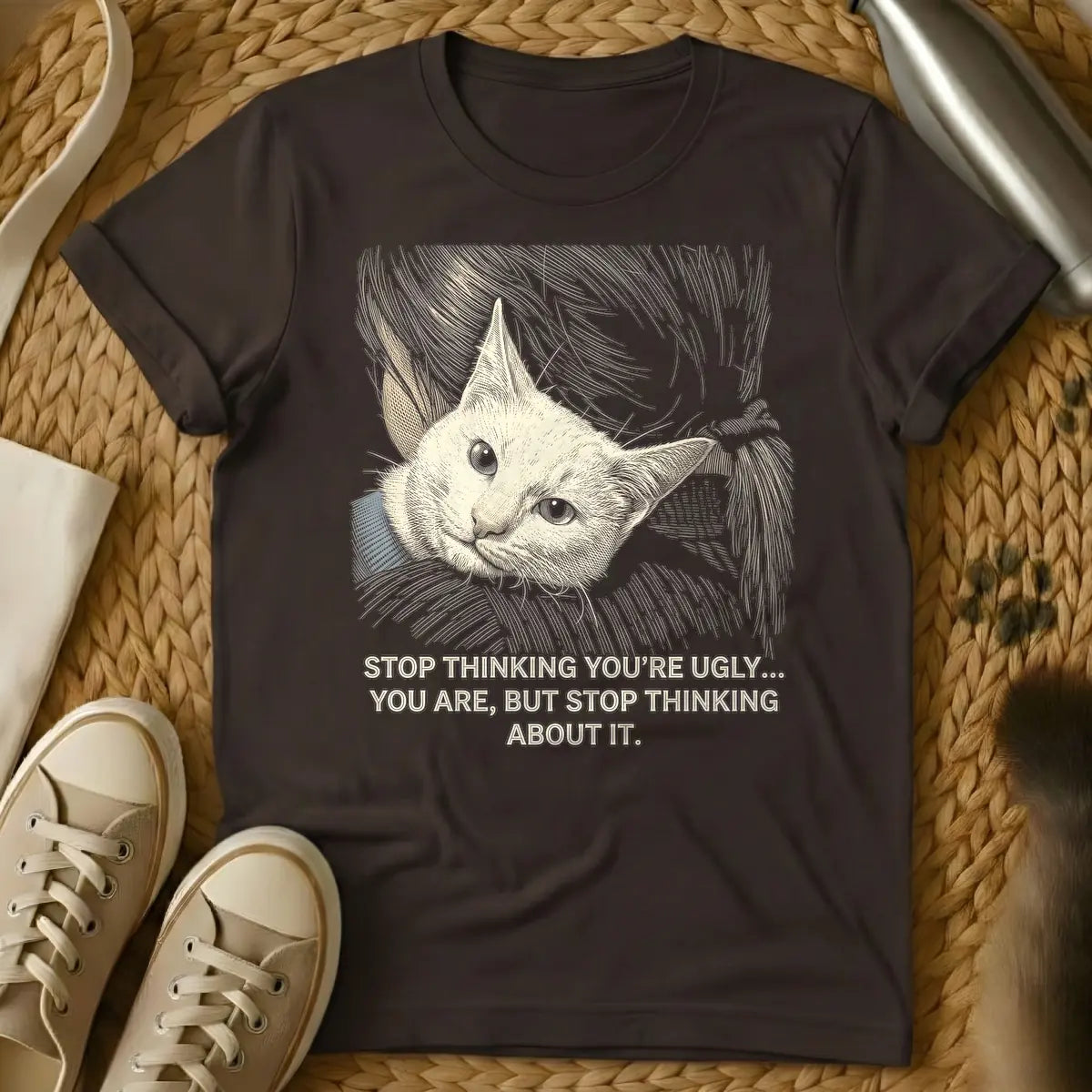 Dark Chocolate - A t-shirt design featuring an engraved-style illustration of a light beige cat's head with large, wide eyes and a gray collar, surrounded by swirling lines. Below the cat, the sarcastic quote reads: "STOP THINKING YOU'RE UGLY... YOU ARE, BUT STOP THINKING ABOUT IT."