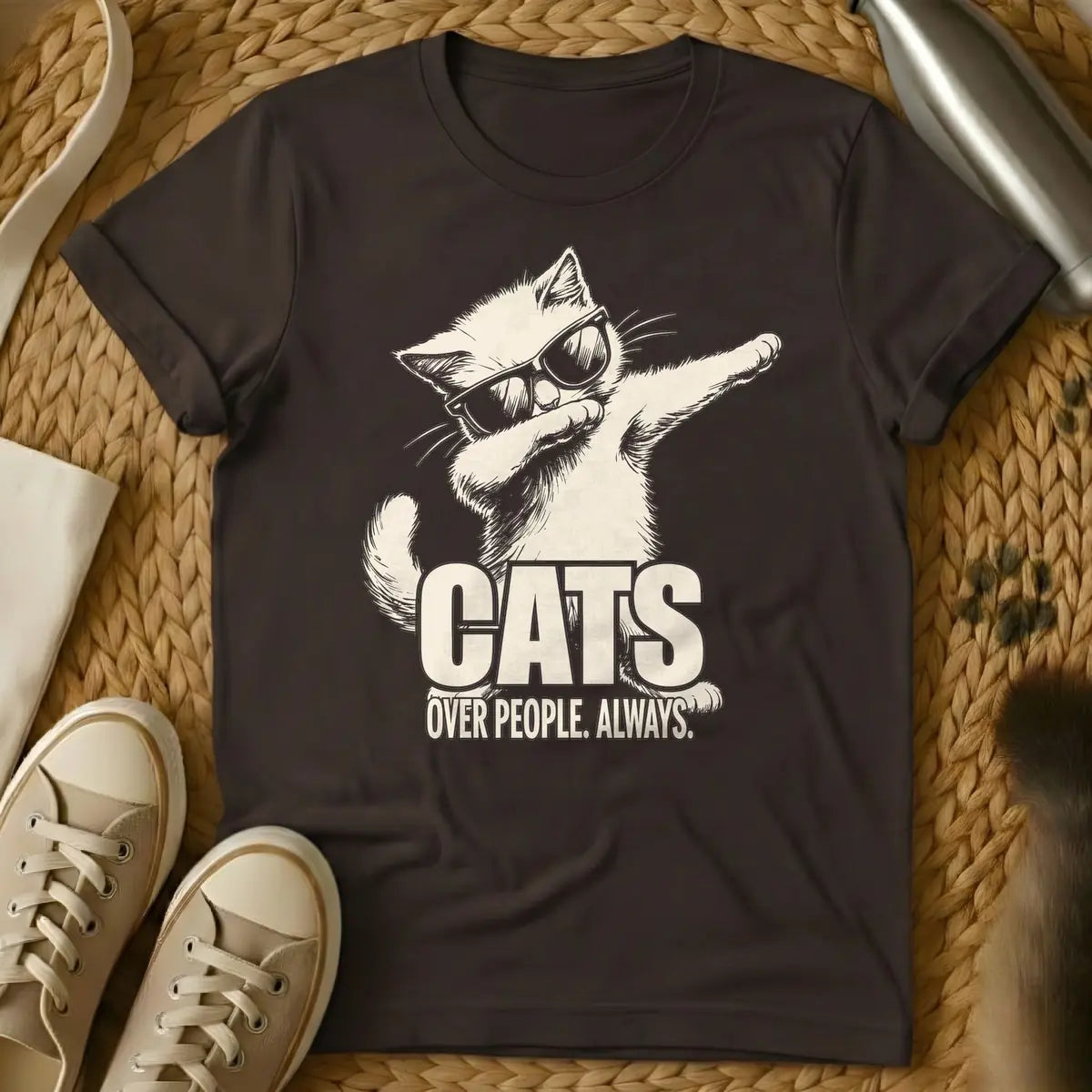 Dark Chocolate - Light beige sketchy drawing of a cat wearing sunglasses and dabbing, with the text "CATS OVER PEOPLE. ALWAYS." below it.