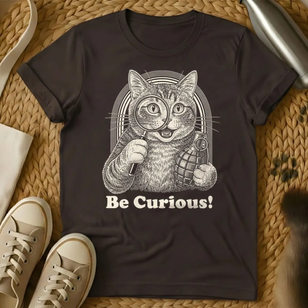 Dark Chocolate - Woodcut style illustration of a mischievous tan cat holding a magnifying glass to its left eye and a pineapple hand grenade in its right paw, with an arched striped background. Below the cat, the text reads "Be Curious!".