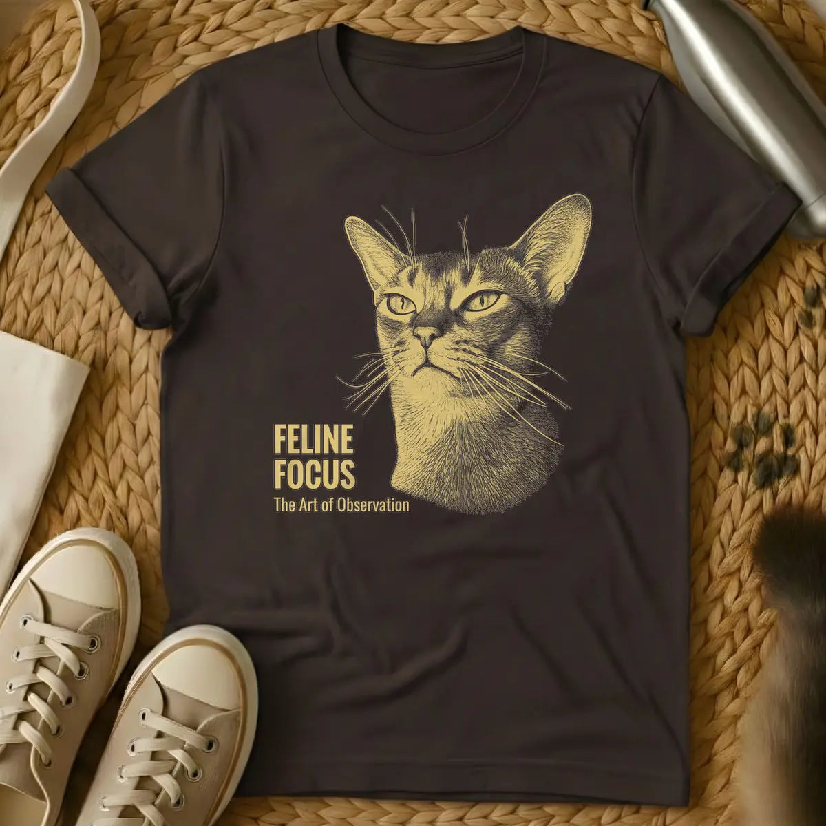 Dark Chocolate - Golden stipple art illustration of a cat's focused face with whiskers and the text 'FELINE FOCUS The Art of Observation' on a t-shirt.