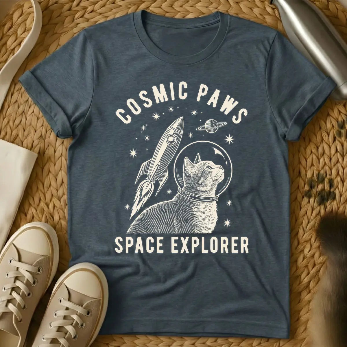 Dark Heather - Beige woodcut-style illustration of a cat wearing a space helmet looking up, with a rocket launching beside it, a ringed planet, and stars in the background. Arched text at the top reads "COSMIC PAWS" and text at the bottom reads "SPACE EXPLORER".