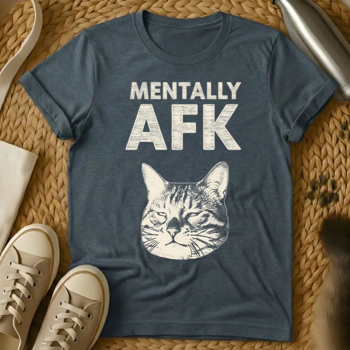 Dark Heather - T-shirt with distressed light beige text 'MENTALLY AFK' above a matching light beige, sleepy cat's head illustration.