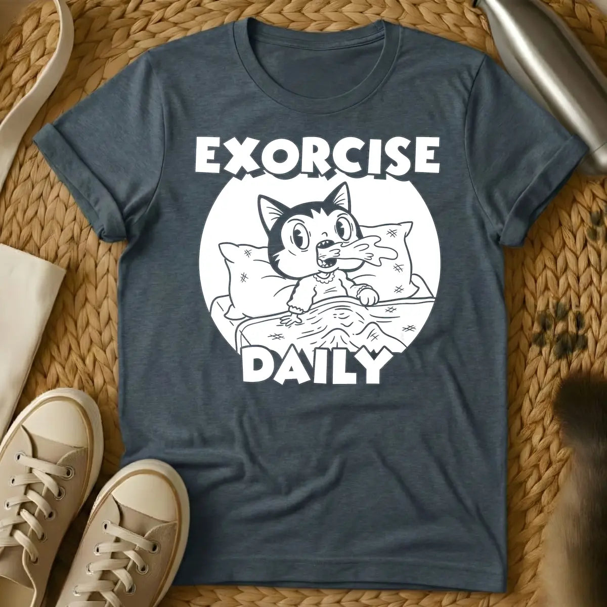 Dark Heather - T-shirt design of a cartoon cat sleeping comfortably under a blanket with a pillow. Above the cat is the word 'EXORCISE' and below is 'DAILY'.