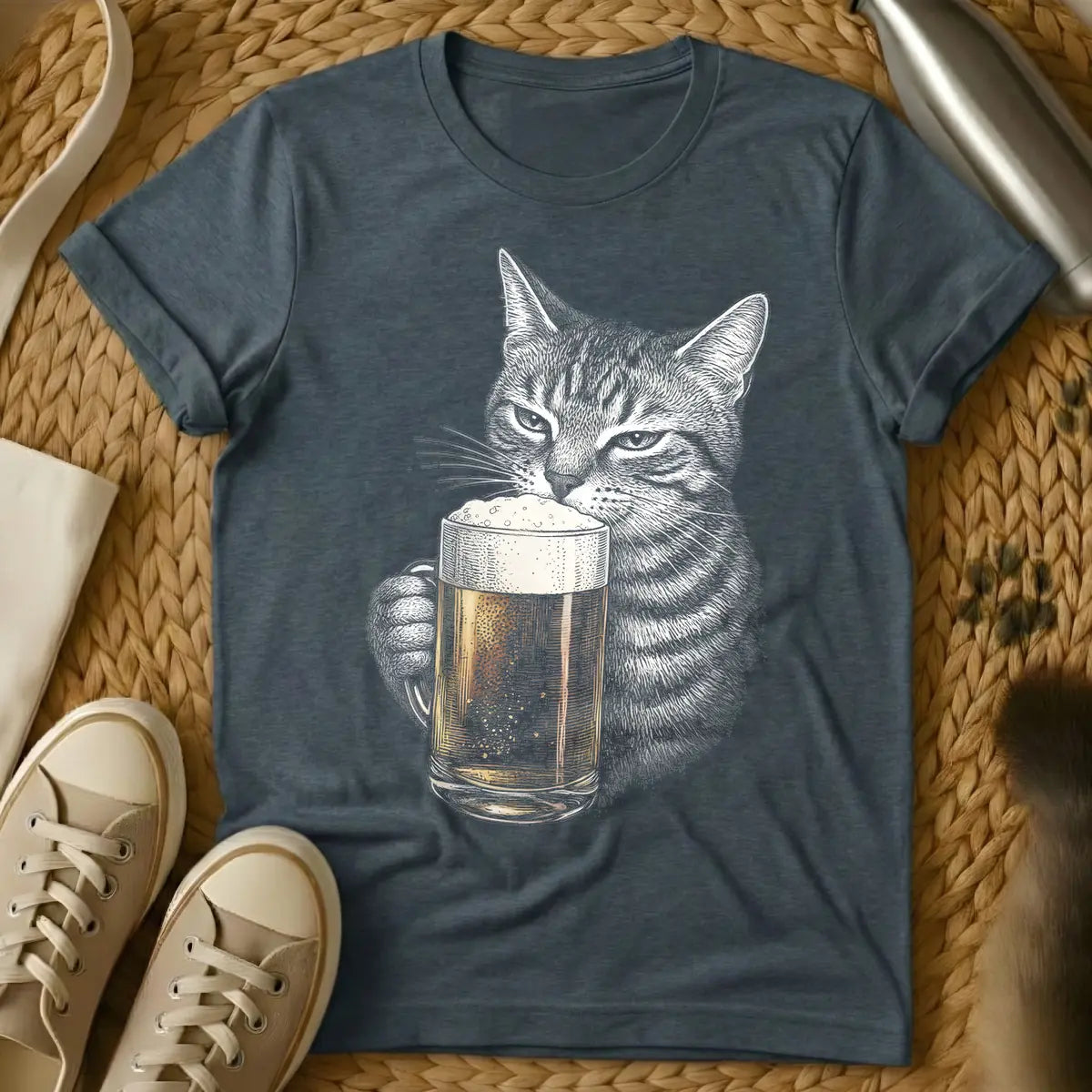 Dark Heather - Grayscale line art of a cat holding a frothy glass mug of golden beer.