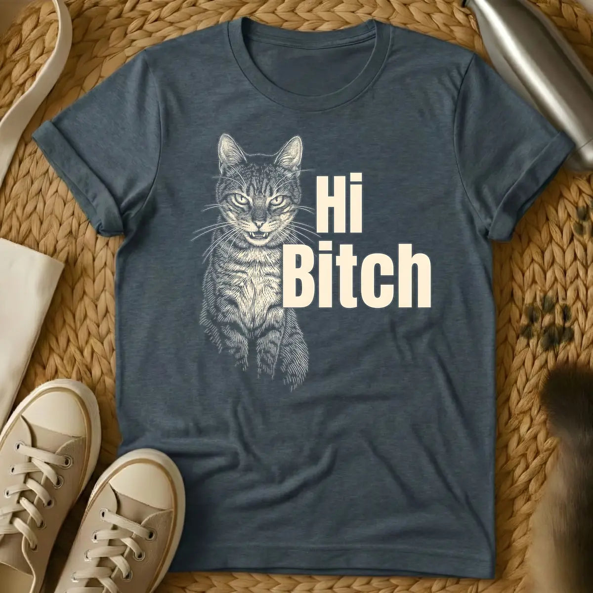Dark Heather - T-shirt design: Engraved style tan cat with bared teeth on the left, next to bold tan text "Hi Bitch".
