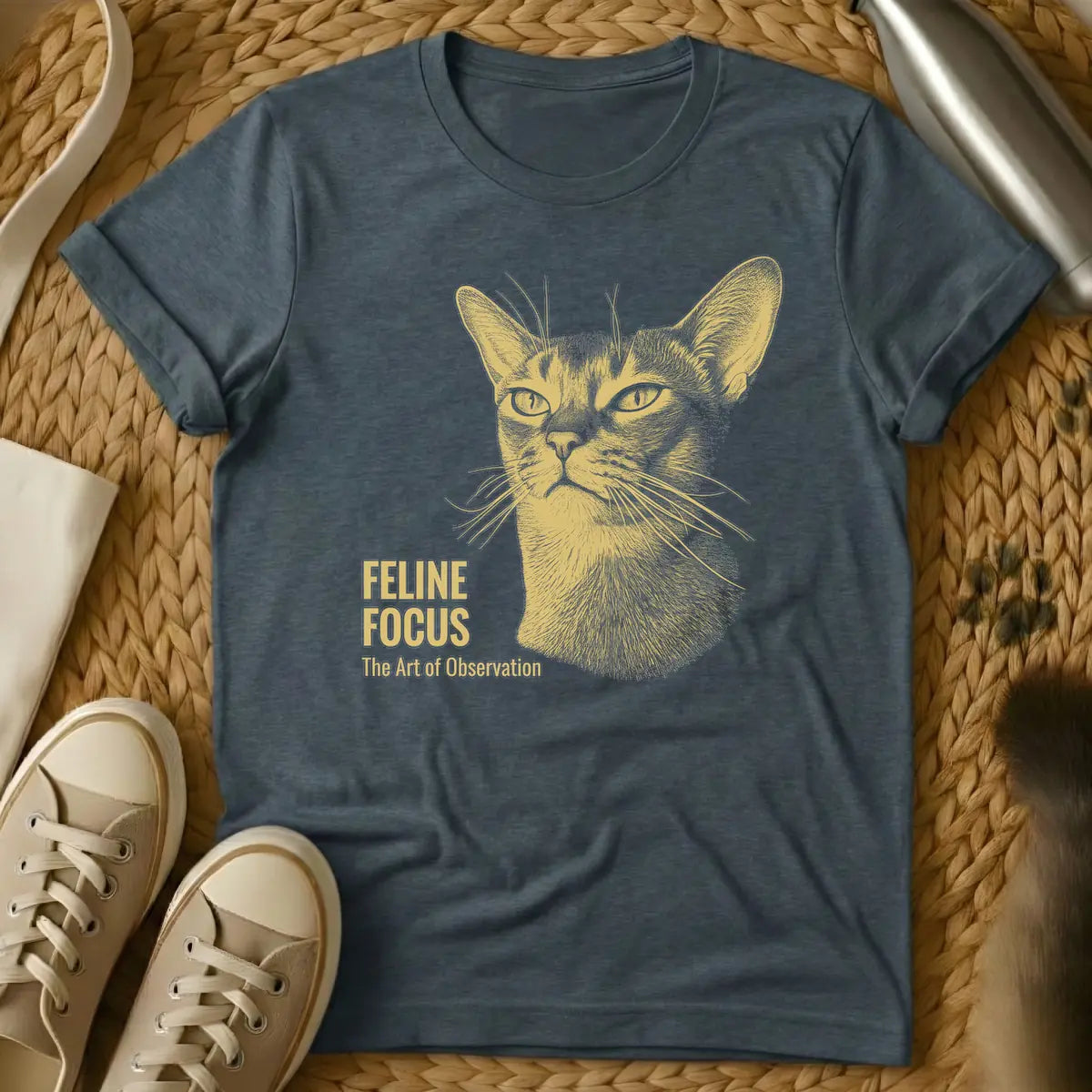 Dark Heather - Golden stipple art illustration of a cat's focused face with whiskers and the text 'FELINE FOCUS The Art of Observation' on a t-shirt.