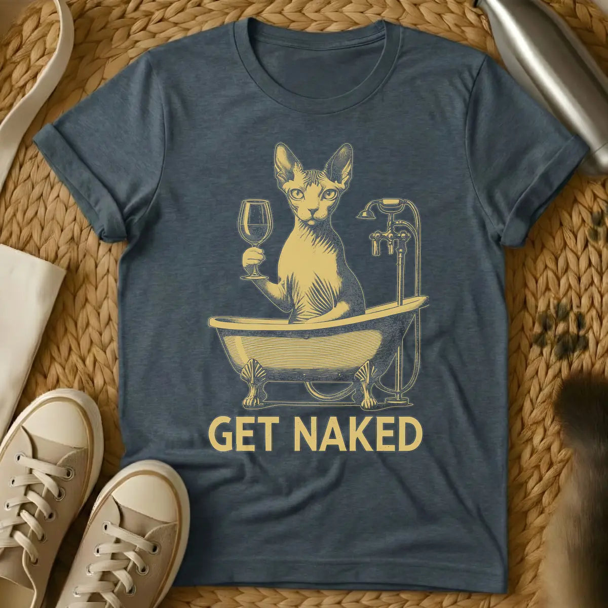 Dark Heather - Distressed gold t-shirt design featuring a Sphynx cat in a clawfoot tub holding a wine glass, with the text 'GET NAKED'.
