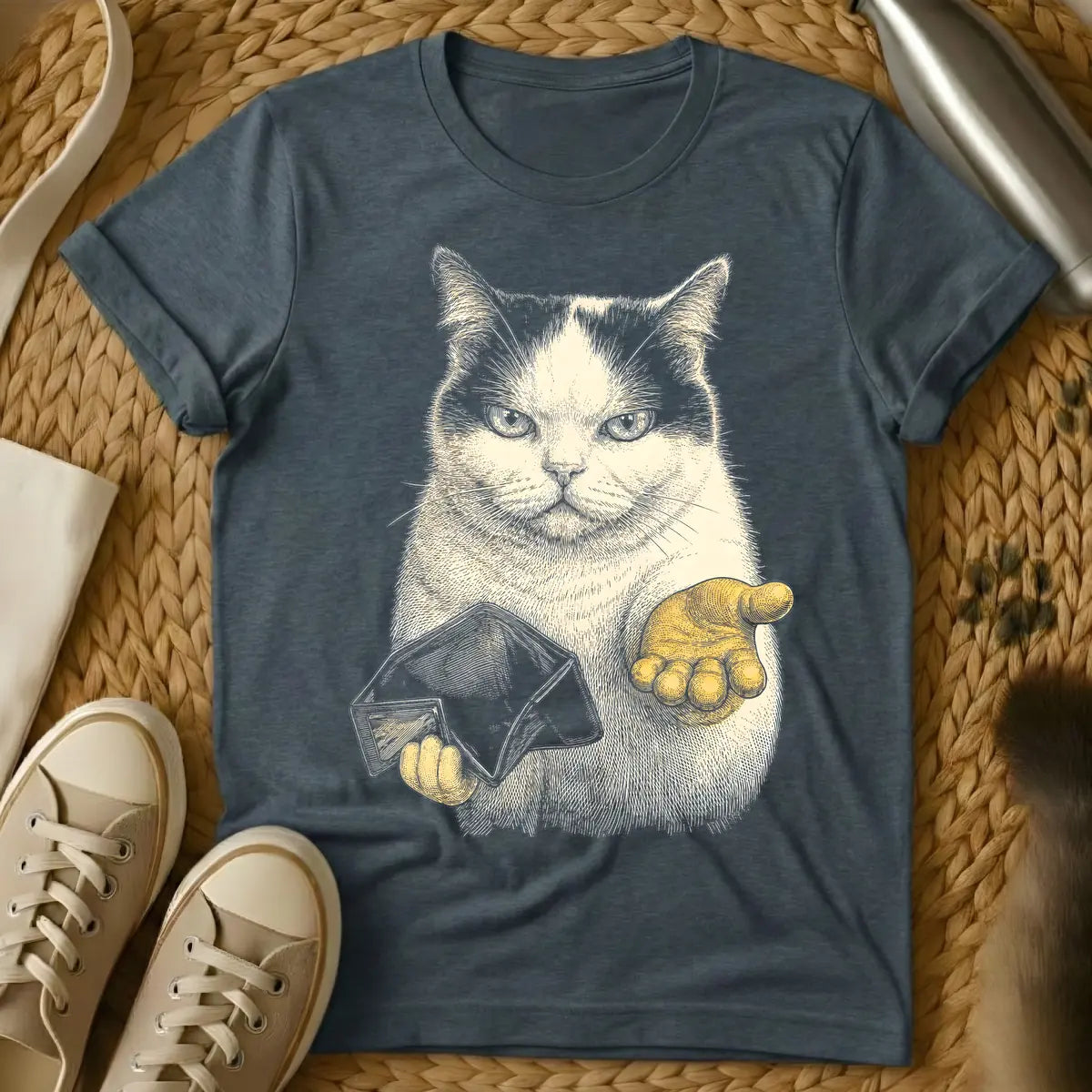 Dark Heather - Engraving style illustration of a serious tan cat holding an open envelope in one golden paw and extending the other golden paw palm up.