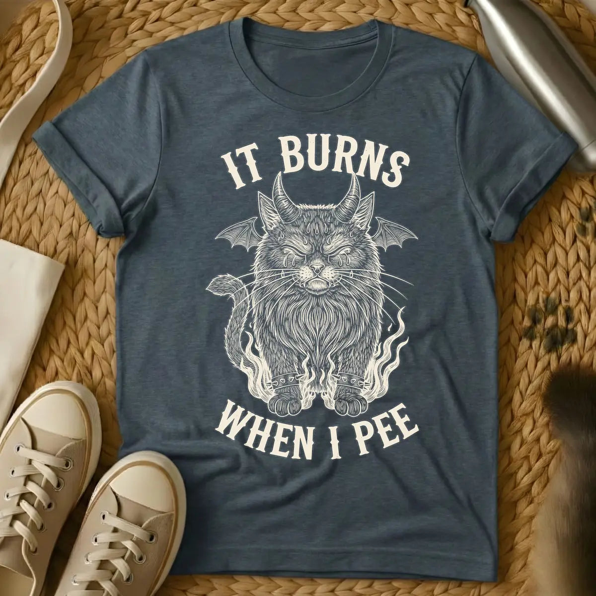 Dark Heather - A distressed illustration of a devil cat with horns, bat wings, tears, spiked bracelets, and flames, with the text "IT BURNS WHEN I PEE".