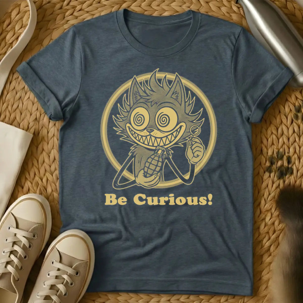 Dark Heather - Gold-toned graphic of a grinning, spiky-haired cat creature with spiral eyes, holding a lollipop and a pineapple grenade, contained within a circle. Below, the text reads 'Be Curious!'.