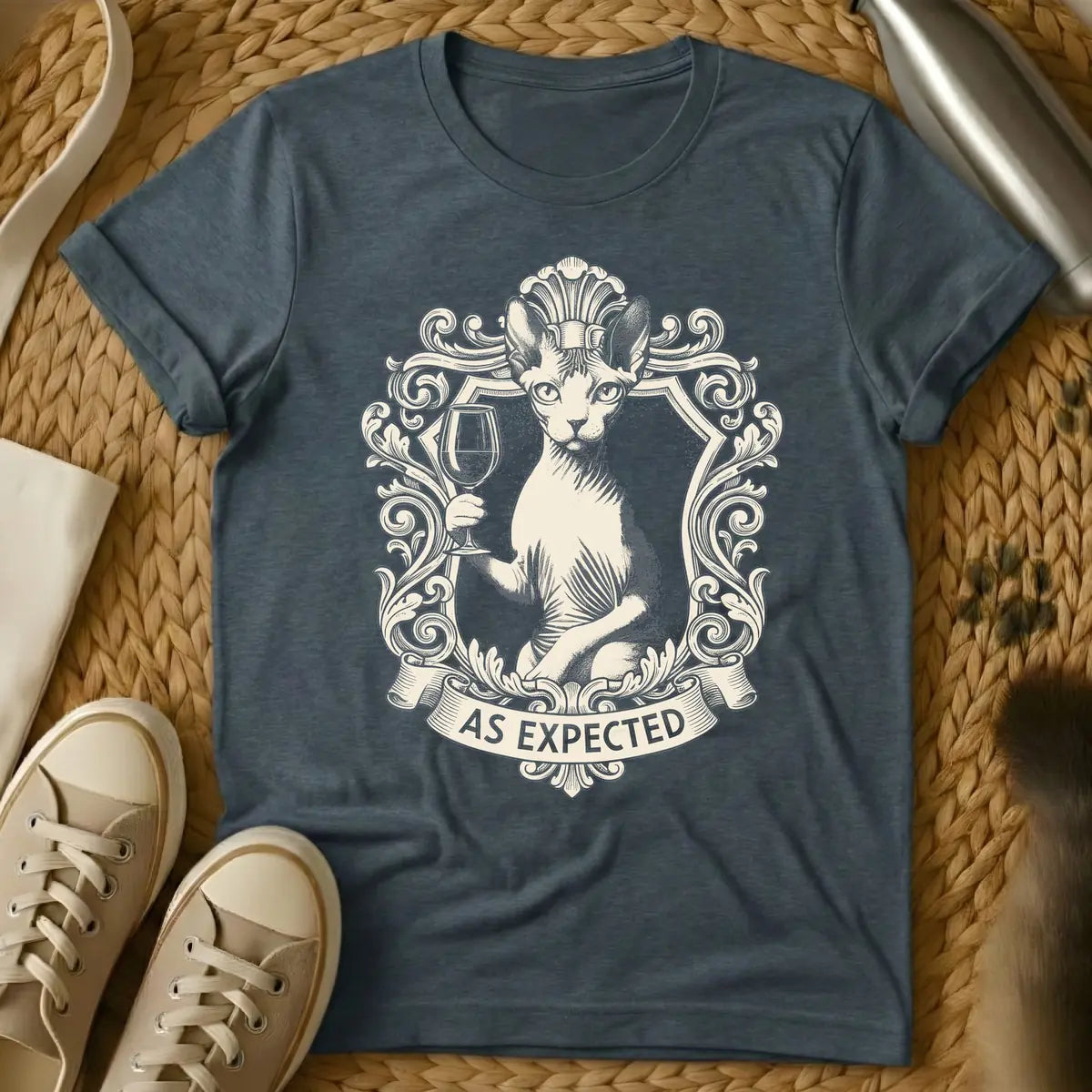 Dark Heather - Light beige illustration of a Sphynx cat holding a wine glass, set within an ornate vintage frame, with a banner below reading "AS EXPECTED".