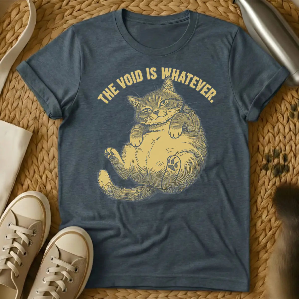 Dark Heather - Distressed, gold-colored, linocut-style illustration of a cat lying on its back with its belly and one paw pad exposed, giving an indifferent look. Above, arched text reads 'THE VOID IS WHATEVER.'